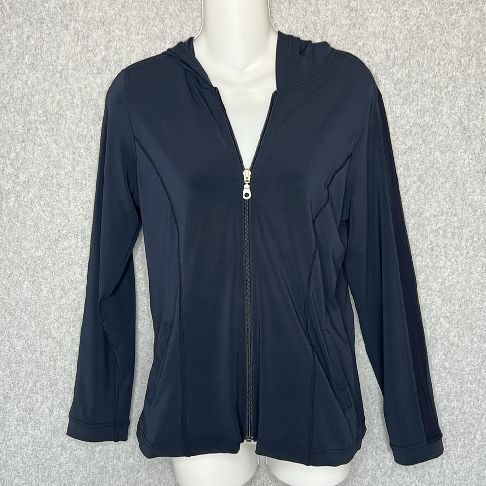 CAbi Full Zip Athletic Hoodie Jacket Mesh Striped Sleeve Style 576 Blue Size S